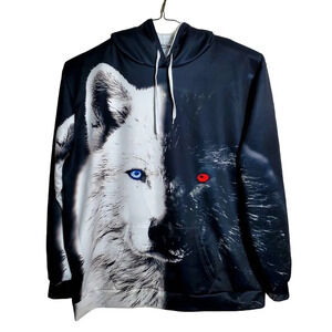 Wolf Duality 3D Fashion Hoodie With Blue & Red Eyes Graphic 4XL Pull Over